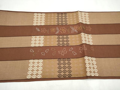 平和屋着物●六通柄袋帯　刺し子　草花間道　正絹　逸品　CABK5741hy