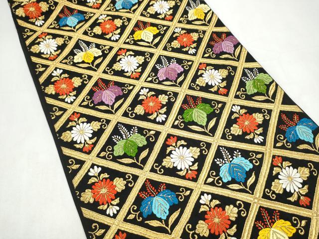 平和屋着物●六通柄袋帯　唐織　菱菊唐草文　黒地　金糸　正絹　逸品　CABK5742hy