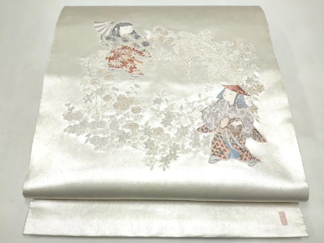 平和屋着物●加賀友禅の巨匠　初代　由水十久　西陣　長嶋成織物　ながしま帯　太鼓柄袋帯　童子花文　瀞銀錦　正絹　逸品　CABK5747hy