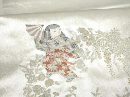 平和屋着物●加賀友禅の巨匠　初代　由水十久　西陣　長嶋成織物　ながしま帯　太鼓柄袋帯　童子花文　瀞銀錦　正絹　逸品　CABK5747hy