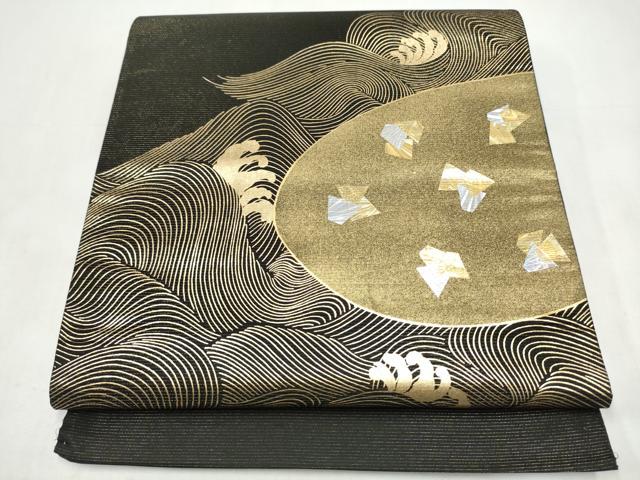 平和屋着物●六通柄袋帯　流水箔散らし文　黒地　金銀彩　正絹　逸品　CABK5759hy