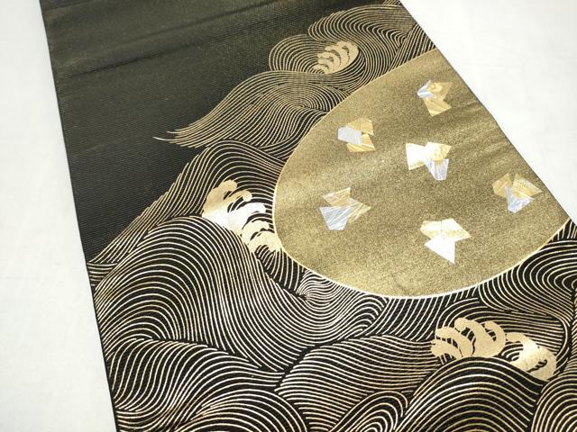 平和屋着物●六通柄袋帯　流水箔散らし文　黒地　金銀彩　正絹　逸品　CABK5759hy