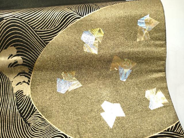 平和屋着物●六通柄袋帯　流水箔散らし文　黒地　金銀彩　正絹　逸品　CABK5759hy