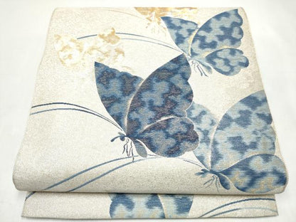 平和屋着物●本綾佐賀錦　伝統工芸品産業功労者　岡野武一郎　全通柄袋帯　本藍　舞蝶文　金糸　正絹　逸品　CABK5774hy