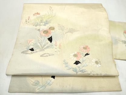 平和屋着物●アンティーク　大正ロマン　九寸名古屋帯　総刺繍　草花文　金銀糸　正絹　逸品　CABK5784hy