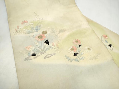 平和屋着物●アンティーク　大正ロマン　九寸名古屋帯　総刺繍　草花文　金銀糸　正絹　逸品　CABK5784hy