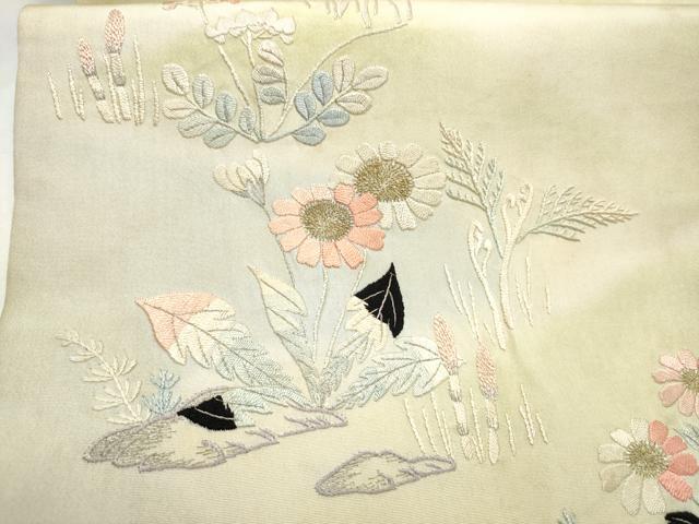 平和屋着物●アンティーク　大正ロマン　九寸名古屋帯　総刺繍　草花文　金銀糸　正絹　逸品　CABK5784hy