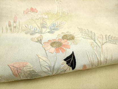 平和屋着物●アンティーク　大正ロマン　九寸名古屋帯　総刺繍　草花文　金銀糸　正絹　逸品　CABK5784hy