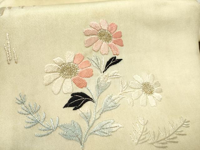 平和屋着物●アンティーク　大正ロマン　九寸名古屋帯　総刺繍　草花文　金銀糸　正絹　逸品　CABK5784hy