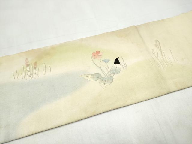平和屋着物●アンティーク　大正ロマン　九寸名古屋帯　総刺繍　草花文　金銀糸　正絹　逸品　CABK5784hy