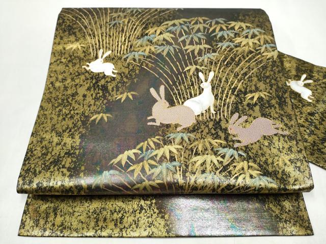 平和屋着物●九寸名古屋帯　パッチワーク　兎　金彩　引箔　正絹　逸品　CABK5788hy