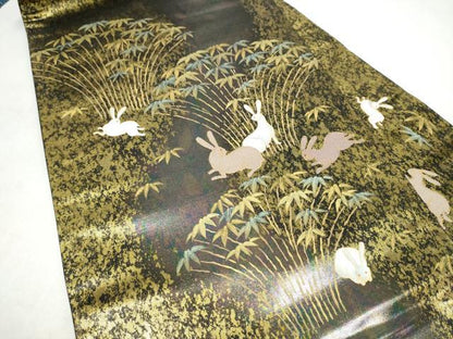 平和屋着物●九寸名古屋帯　パッチワーク　兎　金彩　引箔　正絹　逸品　CABK5788hy