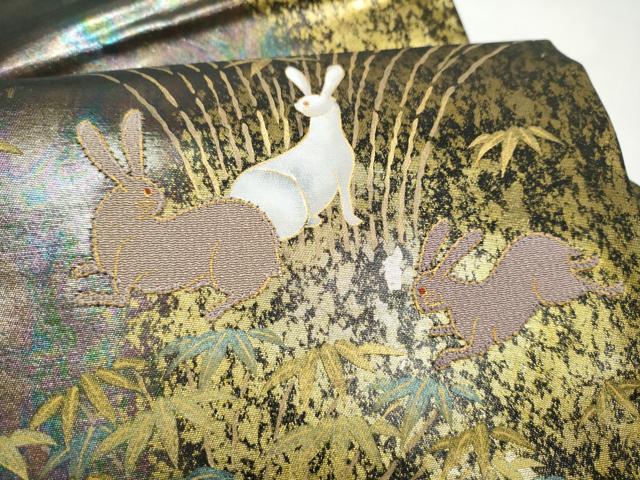 平和屋着物●九寸名古屋帯　パッチワーク　兎　金彩　引箔　正絹　逸品　CABK5788hy