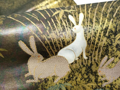 平和屋着物●九寸名古屋帯　パッチワーク　兎　金彩　引箔　正絹　逸品　CABK5788hy