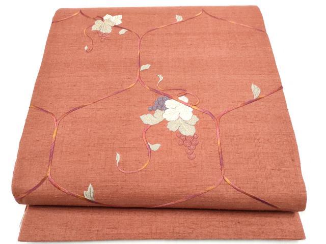 平和屋着物●太鼓柄袋帯　紬地　総刺繍　葡萄蔦の葉文　金糸　正絹　逸品　CABK5803hy