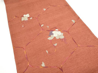 平和屋着物●太鼓柄袋帯　紬地　総刺繍　葡萄蔦の葉文　金糸　正絹　逸品　CABK5803hy