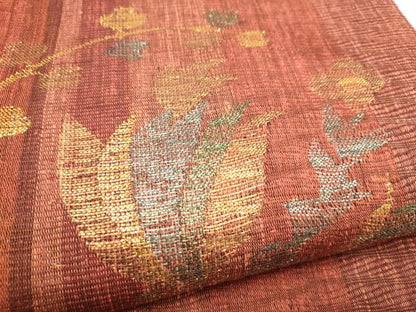 平和屋着物▽六通柄袋帯　スリーシーズン　春夏秋　草花文　金糸　正絹　逸品　CABK5806hy