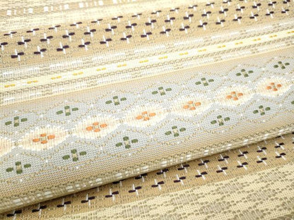 平和屋着物▽両面　六通柄袋帯　スリーシーズン　春夏秋　縞花織　幻想雪輪文　正絹　逸品　CABK5818hy