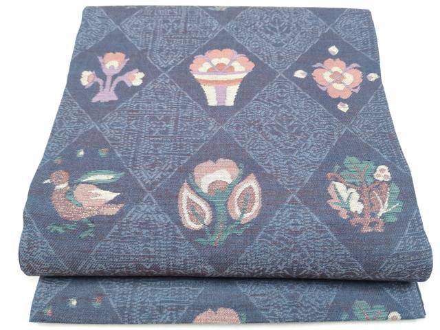 平和屋着物▽六通柄袋帯　スリーシーズン　春夏秋　花鳥文　金糸　正絹　逸品　CABK5824hy