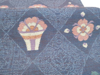 平和屋着物▽六通柄袋帯　スリーシーズン　春夏秋　花鳥文　金糸　正絹　逸品　CABK5824hy