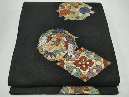 平和屋着物▽六通柄袋帯　スリーシーズン　春夏秋　鶴丸菱文　黒地　金糸　正絹　逸品　CABK5827hy