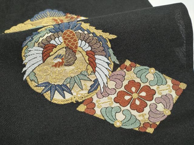 平和屋着物▽六通柄袋帯　スリーシーズン　春夏秋　鶴丸菱文　黒地　金糸　正絹　逸品　CABK5827hy