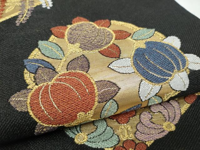 平和屋着物▽六通柄袋帯　スリーシーズン　春夏秋　鶴丸菱文　黒地　金糸　正絹　逸品　CABK5827hy