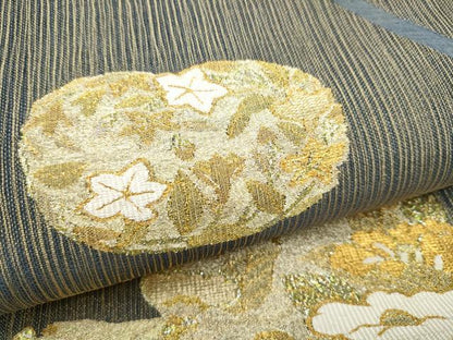 平和屋着物▽六通柄袋帯　スリーシーズン　春夏秋　草花丸文　金糸　正絹　逸品　CABK5828hy
