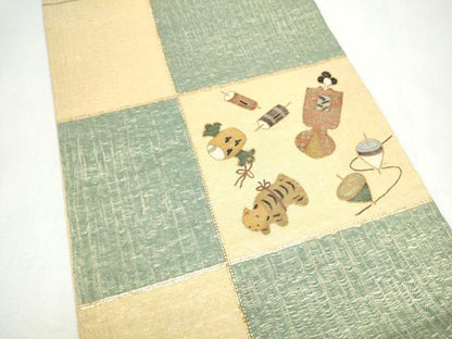 平和屋着物▽太鼓柄袋帯　スリーシーズン　春夏秋　すくい織　玩具文　金糸　正絹　逸品　CABK5829hy
