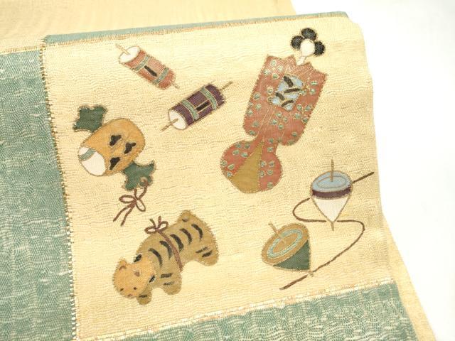 平和屋着物▽太鼓柄袋帯　スリーシーズン　春夏秋　すくい織　玩具文　金糸　正絹　逸品　CABK5829hy