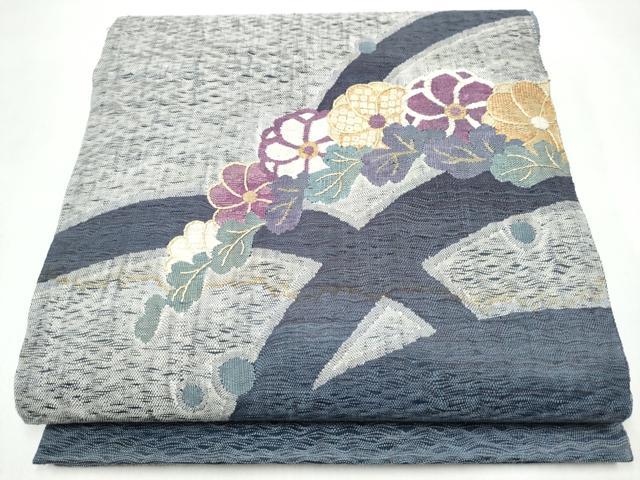 平和屋着物▽太鼓柄袋帯　スリーシーズン　春夏秋　すくい織　草花文　金糸　正絹　逸品　CABK5842hy