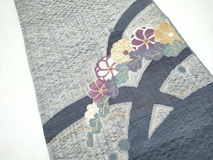 平和屋着物▽太鼓柄袋帯　スリーシーズン　春夏秋　すくい織　草花文　金糸　正絹　逸品　CABK5842hy