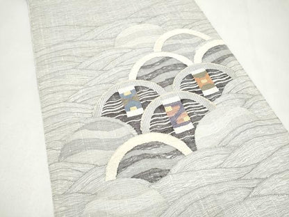 平和屋着物▽太鼓柄袋帯　スリーシーズン　春夏秋　すくい織　モール織　幾何学青海波文　正絹　逸品　CABK5845hy