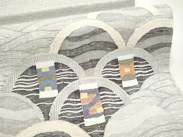 平和屋着物▽太鼓柄袋帯　スリーシーズン　春夏秋　すくい織　モール織　幾何学青海波文　正絹　逸品　CABK5845hy