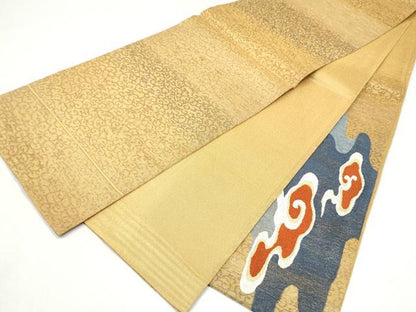 平和屋着物▽太鼓柄袋帯　スリーシーズン　春夏秋　絽刺し　区限刺繍　人物花文　金糸　正絹　逸品　CABK5853hy