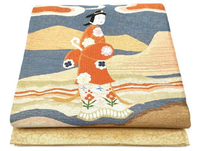 平和屋着物▽太鼓柄袋帯　スリーシーズン　春夏秋　絽刺し　区限刺繍　人物花文　金糸　正絹　逸品　CABK5853hy