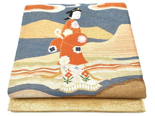 平和屋着物▽太鼓柄袋帯　スリーシーズン　春夏秋　絽刺し　区限刺繍　人物花文　金糸　正絹　逸品　CABK5853hy