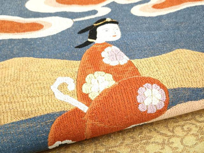 平和屋着物▽太鼓柄袋帯　スリーシーズン　春夏秋　絽刺し　区限刺繍　人物花文　金糸　正絹　逸品　CABK5853hy