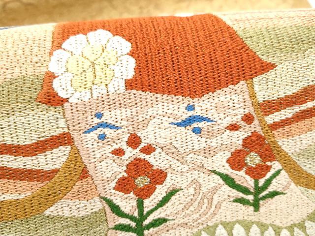 平和屋着物▽太鼓柄袋帯　スリーシーズン　春夏秋　絽刺し　区限刺繍　人物花文　金糸　正絹　逸品　CABK5853hy
