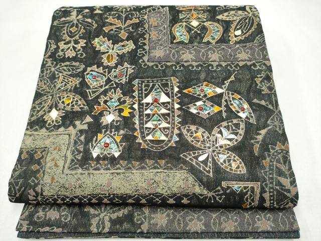 平和屋着物▽袋帯　スリーシーズン　春夏秋　螺鈿　幾何学花文　金糸　正絹　逸品　CABK5856hy