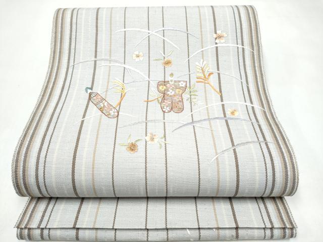 平和屋着物▽八寸名古屋帯　スリーシーズン　春夏秋　総刺繍　玩具草花文　金糸　正絹　逸品　CABK5859hy