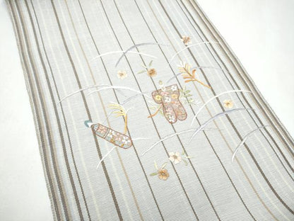 平和屋着物▽八寸名古屋帯　スリーシーズン　春夏秋　総刺繍　玩具草花文　金糸　正絹　逸品　CABK5859hy