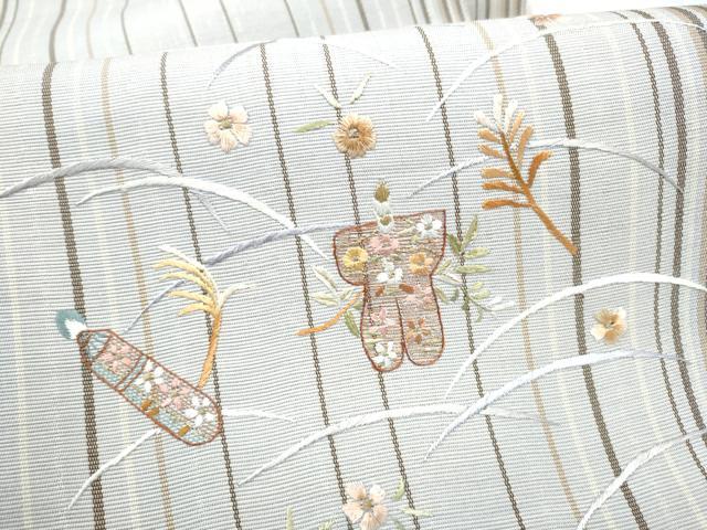 平和屋着物▽八寸名古屋帯　スリーシーズン　春夏秋　総刺繍　玩具草花文　金糸　正絹　逸品　CABK5859hy