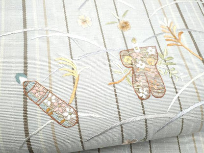 平和屋着物▽八寸名古屋帯　スリーシーズン　春夏秋　総刺繍　玩具草花文　金糸　正絹　逸品　CABK5859hy