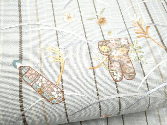 平和屋着物▽八寸名古屋帯　スリーシーズン　春夏秋　総刺繍　玩具草花文　金糸　正絹　逸品　CABK5859hy