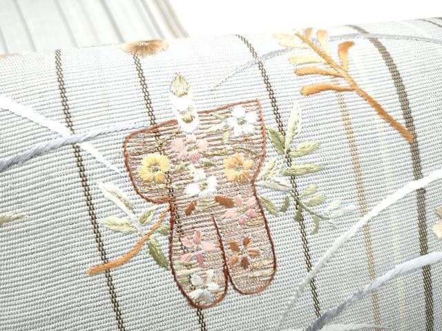 平和屋着物▽八寸名古屋帯　スリーシーズン　春夏秋　総刺繍　玩具草花文　金糸　正絹　逸品　CABK5859hy