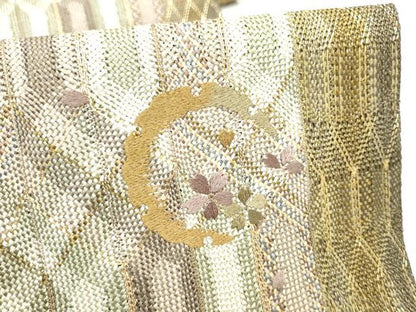 平和屋着物＊夏物　八寸名古屋帯　刺繍　組織　雪輪舞桜文　金糸　やまと誂製　正絹　逸品　CABK5861hy