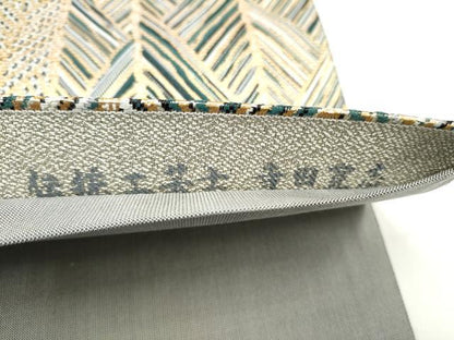 平和屋着物●六通柄袋帯　伝統工芸士　寺田寛志　泥染め　幾何学間道　金糸　正絹　逸品　CABK5879hy