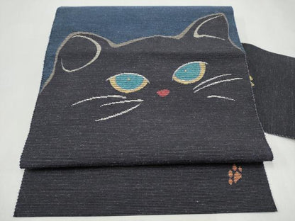 平和屋着物●八寸名古屋帯　紬地　猫　金糸　正絹　逸品　CABK5901hy