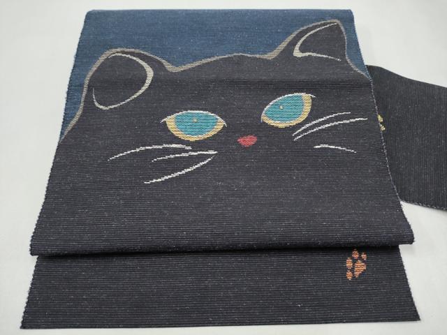 平和屋着物●八寸名古屋帯　紬地　猫　金糸　正絹　逸品　CABK5901hy